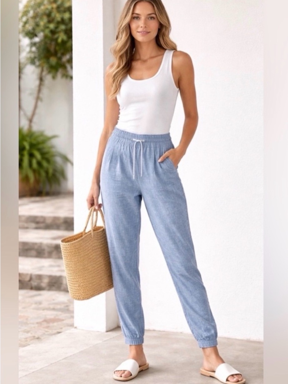 Athleta Blue denim Elastic-Waist Linen Blend Jogger Pants zipper pockets size 0